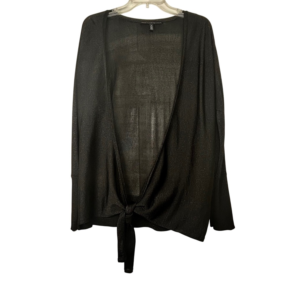 White House Black Market Black Metallic Knit Open Front Tie Front Cardigan‎ M